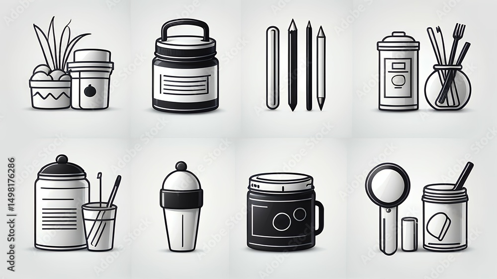 Poster a monochromatic illustration featuring various household objects and containers in a grid layout