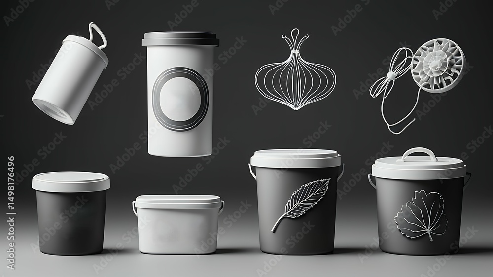 Poster a collection of containers and abstract designs against a dark gray gradient background scene