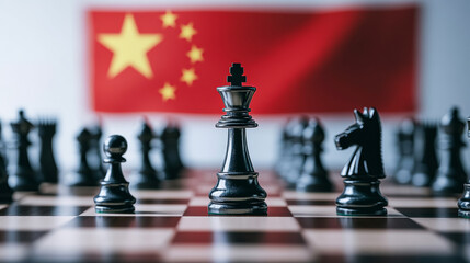 Naklejka premium Chess game with a China flag backdrop. A close-up of a chessboard featuring black pieces in front of a Chinese flag, highlighting strategy and competition.
