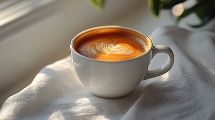 A beautifully crafted cup of fresh coffee with artistic latte art placed on white cloth