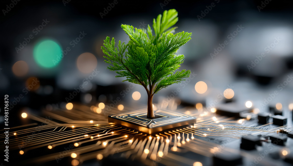 Poster tech and nature unite in growth. a small tree sprouts from a computer chip, symbolizing the blend of