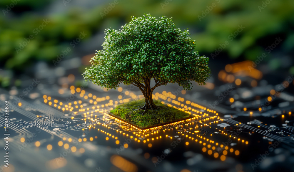 Poster tree growth shows tech's path. a miniature tree thrives on a computer circuit board, symbolizing the