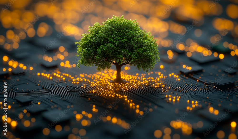 Aufkleber digital tree growing on circuit board. a vibrant tree stands out on a circuit board, illuminated by 