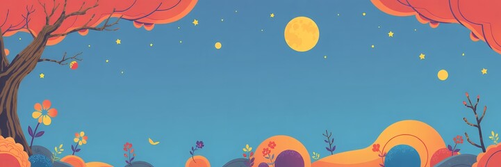 Obraz premium Illustration of a whimsical landscape with trees, flowers, moon, and stars in a colorful scene