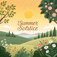 Summer solstice background with sun and inscription . Vector illustration.