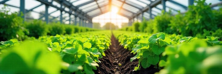 Vibrant green plants thrive under the glass roof of a modern greenhouse, sunlight streaming through  Ideal for agriculture, horticulture, botany, and gardening themes , winter, ecology