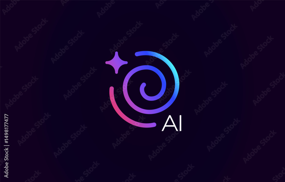 Poster ai logo with glowing spiral and glare star element, abstract gradient lines funnel icon design for i