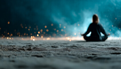 Obraz premium Meditation on sandy beach at night. A person sits cross-legged on a sandy beach, meditating under a starry sky with shimmering lights in the background.