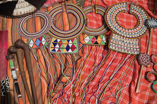 Africa, Kenya. Masai Mara National Reserve, Mara Ashnil. Masai tribal jewelry and ornamentation.