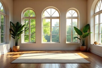 Serene meditation studio with natural light streaming through large windows, peaceful atmosphere ideal for yoga and mindfulness practices , design, escape