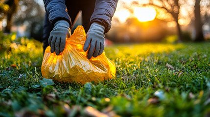 Trash pickup at sunset park. A person in gloves collects trash in a park at sunset, promoting environmental cleanliness and responsibility.