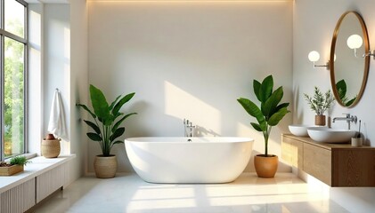 A bright and airy bathroom, featuring a freestanding tub, stylish fixtures, and lush plants, creating a serene and inviting atmosphere Perfect for relaxation and self-care , peaceful, serene