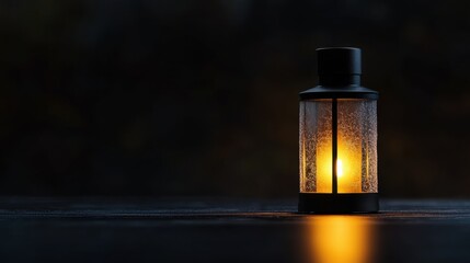 A lantern emits a gentle orange glow against a dark background, casting soft light on its surrounding area. This setting evokes a cozy and tranquil atmosphere, perfect for evening relaxation