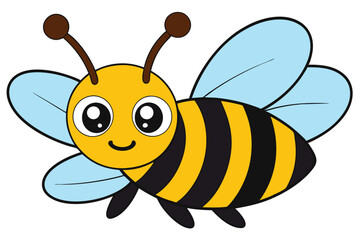 Cartoon Bee with Big Eyes, Blue Wings, Black Stripes and Smiling Face