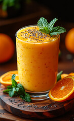 Fototapeta premium Mango mint smoothie. A vibrant mango smoothie topped with mint leaves, surrounded by fresh oranges and chia seeds, ideal for hot days.