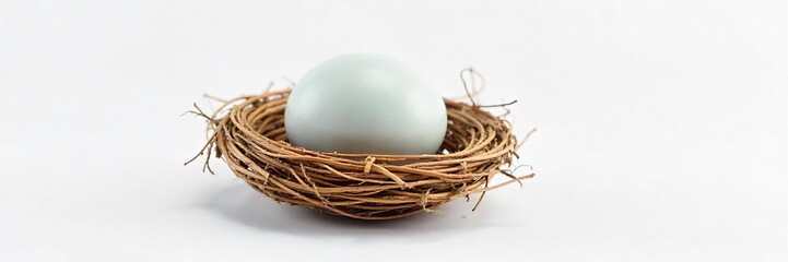 A single, smooth, grey egg rests in a simple, woven nest of light brown twigs, isolated on a white background  The minimalist composition emphasizes the organic forms and textures  ,  simple,  twig