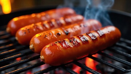 Close-up of sizzling hot dogs on a barbeque grill, char marks visible, with flames and smoke in the background, perfectly cooked and juicy , party, juicy, outdoor cooking