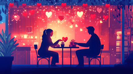 Christmas season illustration concept shows a man giving the special present to a woman in the Christmas season with the beautiful atmosphere of snowy in December.