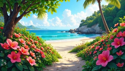 Serene coastal garden overflowing with vibrant blooms, lush foliage, and sandy beach in the background  Perfect for relaxation and escape themes ,  coastline,  blue