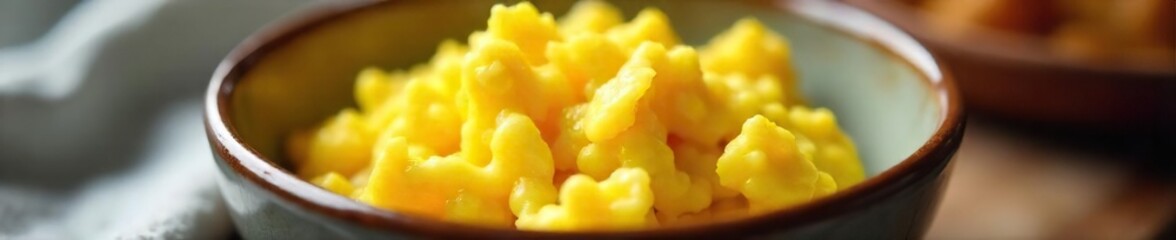 Fluffy scrambled eggs in a bowl, perfectly cooked and golden yellow, ready to be eaten A delicious and simple breakfast or brunch food , cooking, farm fresh
