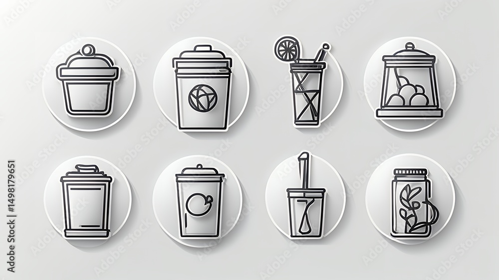 Poster a collection of eight circular white icons displaying various containers and beverages in line art