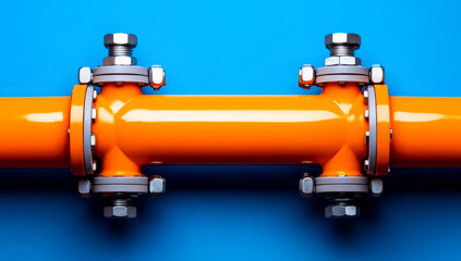 Bright orange pipe with metal fittings. A vibrant orange pipe is secured with silver metal fasteners against a blue background, showcasing industrial design.