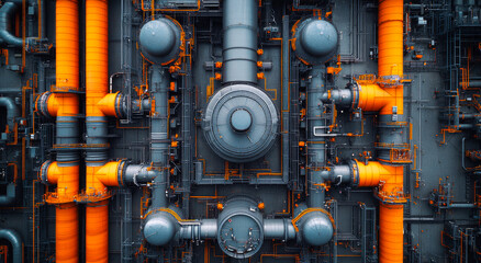 Obraz premium Orange-accented piping system. Complex arrangement of pipes and valves showcases an industrial design featuring vibrant orange and gray components.