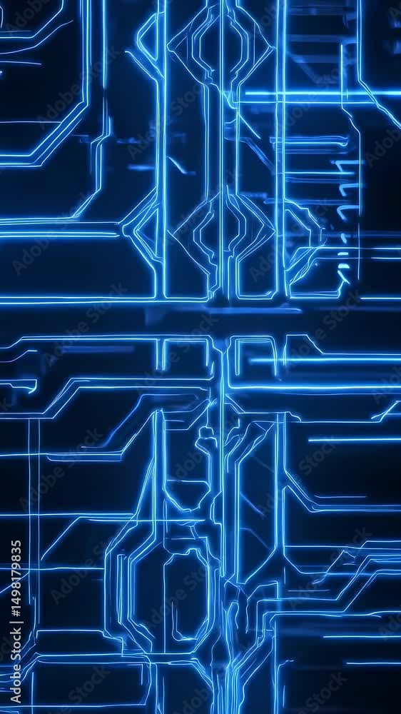 Poster abstract blue glowing lines structure on black background. vertical orientation. tech display. elect