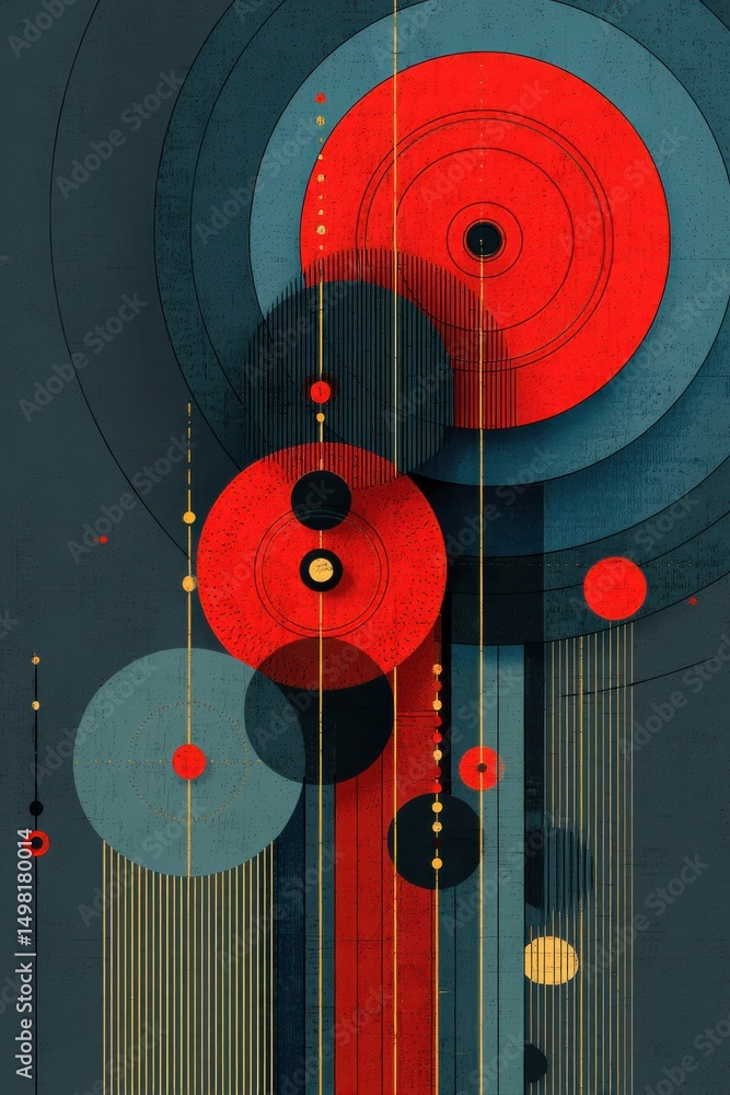 Poster abstract geometric composition with vibrant colors and textured circular shapes