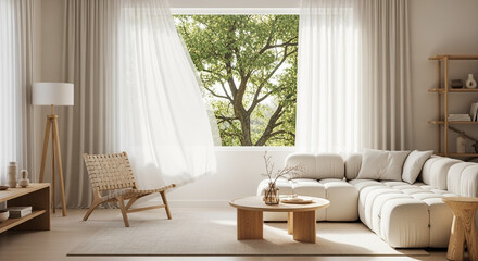 Living room interior with white sheer curtain blowing from window and bright natural light