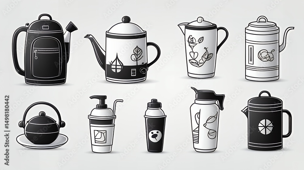 Poster a collection of various black and white patterned teapots and containers on a white background