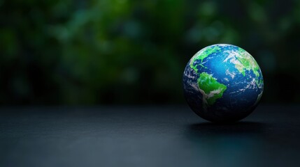 Fototapeta premium A colorful globe sits on a dark surface, displaying continents and oceans. The background features lush green elements, emphasizing a theme of nature
