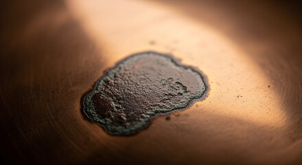 Macro close up of aged copper metal surface with vibrant green patina and abstract texture