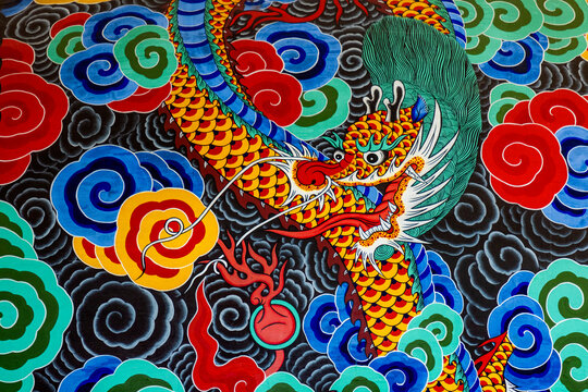 Closeup of colorful Korean Buddhist drum, Hiroshima, Japan