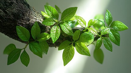 A close up image of vibrant green leaves sprouting from a textured tree branch in bright sunlight