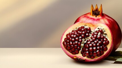 A vibrant pomegranate cut in half displays its glossy red seeds under soft lighting. The contrasting colors highlight the fruit's texture and freshness, ideal for culinary presentations