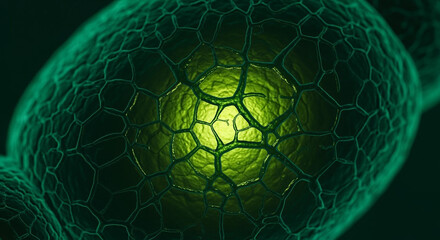Microscopic image of vibrant green cellular structure with glowing core and intricate network