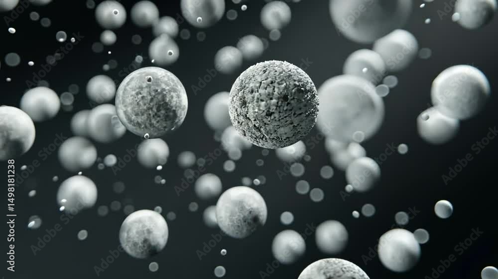 Poster mesmerizing abstract science of floating gray spheres resembling cells and particles, showcasing uni