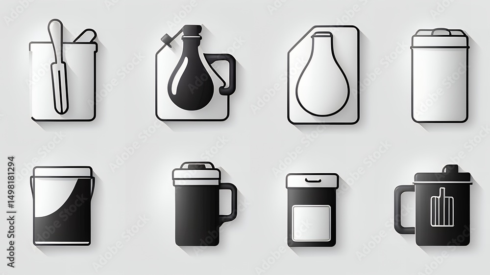 Poster a vector image showcasing a collection of containers and mugs in a minimalist black and white style