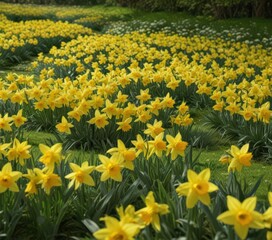 Fototapeta premium A carpet of cheerful daffodils, bright yellow against vivid green , sunny, floral