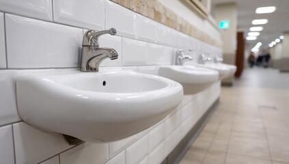 Fototapeta premium Modern restroom sinks in public setting. Clean and simple restroom sinks line the wall in a spacious public area with bright lighting.