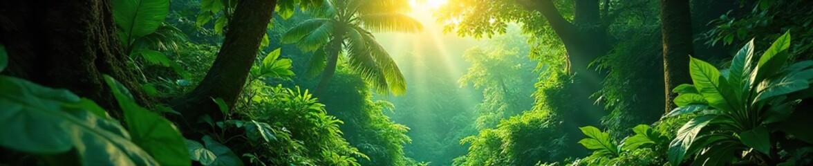 Lush green canopy of a Panamanian rainforest, sunlight filtering through the leaves, vibrant vegetation and abundant biodiversity , environment, growth, oxygen
