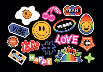 Futuristic y2k patches, labels, tags, bracelet stamps in retro style. Cartoon stickers in funky hipster groovy grunge 90s style. Doodle phrases in flat style. Cute vector set, fashion promo labels. 