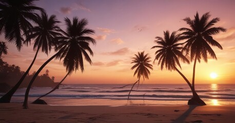 Silhouetted palm trees at sunset, tropical beach scene,  design,  element,  leaves