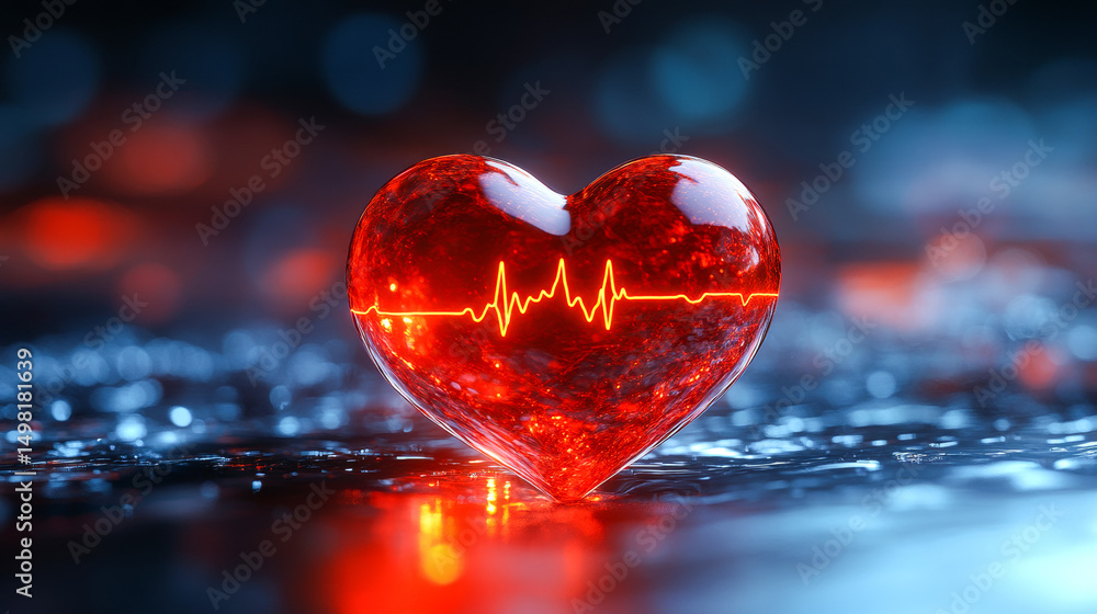 Aufkleber glowing heart with heartbeat. a glowing red heart shape rests on a reflective surface with a heartbe