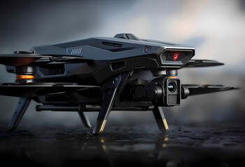 Obraz premium A black drone with yellow and blue lights on the front