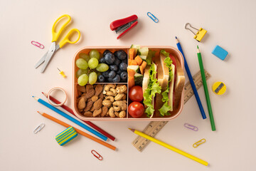 Lunchbox containing healthy foods like fruits and nuts surrounded by colorful school supplies