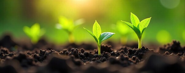 Close-up view of young, vibrant green seedlings emerging from rich soil, sunlight illuminating new growth, signifying spring and new beginnings , spring, new, horticulture