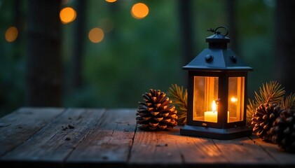 Warm, inviting glow of pine cone lanterns illuminating a rustic wooden table at twilight  Perfect for holiday, hygge, and nature themes ,  glow,  cozy