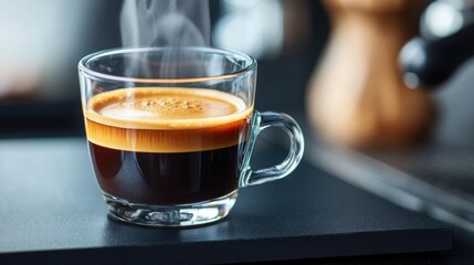 Fototapeta premium A glass cup filled with rich, dark coffee showcases layers of crema and steam rising, creating a warm and inviting atmosphere in a cozy kitchen
